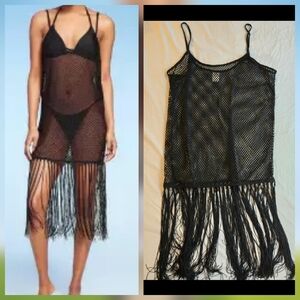 Wild Fable Black Mesh Fringed Swim Cover-Up Dress sz M